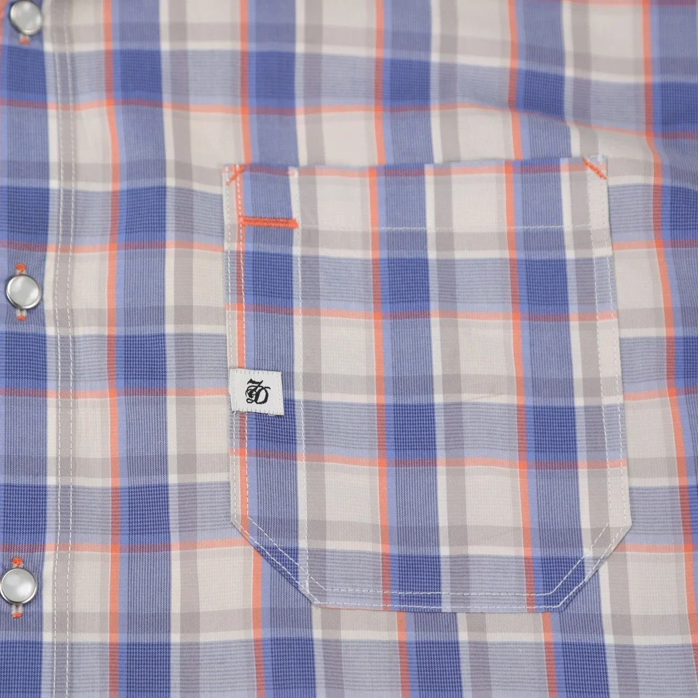 7 Diamonds Mens Large Blue Orange Plaid Pearl Snap Short‎ Sleeve Button Up Shirt